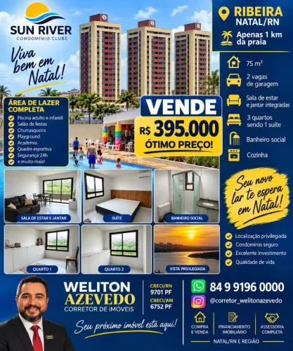 COND SUN RIVER - APTO 75M2, 3 QUARTOS, 1 SUÍTE 2 VAGAS ÁREA DE LAZER COMPLETA 1km da PRAIA