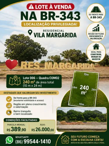 LOTE À VENDA NA BR-343 ? RESIDENCIAL VILA MARGARIDA 