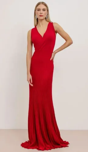 Vestido Mamô Vermelho Longo Plissado com Brilho