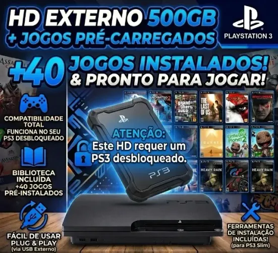 HD de 500gb para ps3 lotado de jogos
