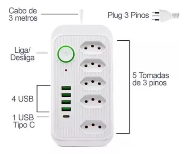 Filtro de Linha 5 Tomadas 4 USB & 1 USB-C Turbo Power 2MT KAPBOM KA-7007<br>- Bivolt