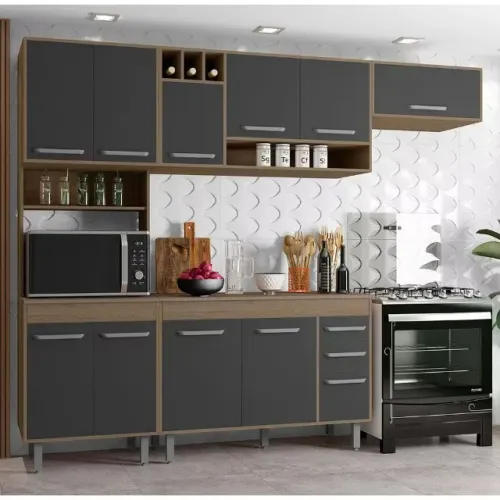 Armário de cozinha completo Com design moderno e funcional Modulada Carvalho/grafite 