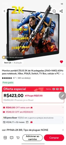 Monitor portátil ZSUS 2K de 14 polegadas (2160×1440)