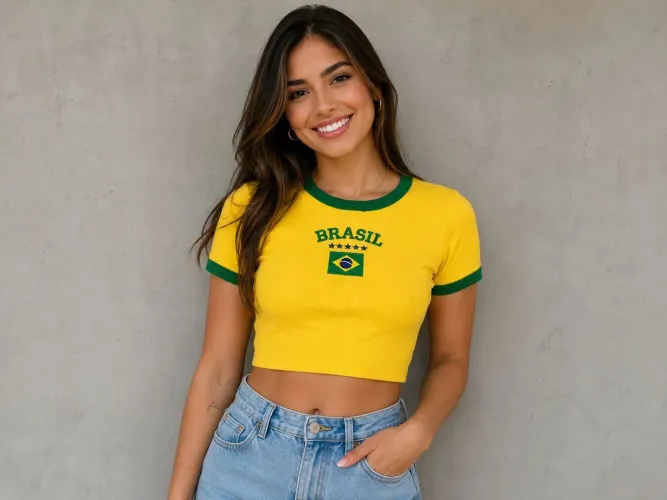 Cropped Copa do Mundo Brasil R$ 35 Tamanhos P e M Tecido Ribana, com bordado