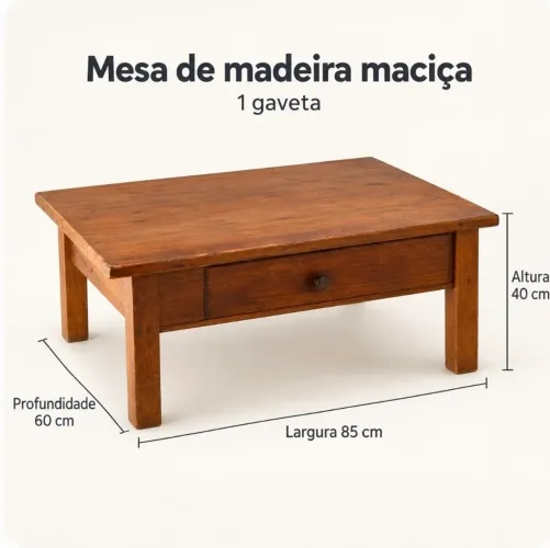 Mesa de centro de madeira maciça com 1 gaveta - 85 × 60 cm