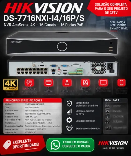 NVR HIKVISION ACUSENSE 4K - 16 CANAIS + 16 POE<br>Hikvision DS-7716NXI-I4/16P/S