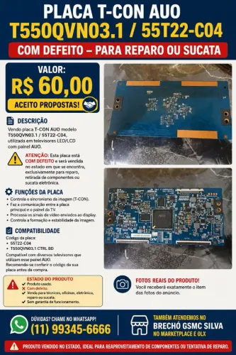 ? PLACA T-CON AUO T550QVN03.1 / 55T22-C04 - COM DEFEITO