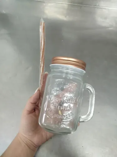 Caneca vidro retrô com alça, tampa e canudo 24 UNIDADES 