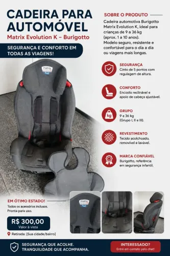 Cadeira automotiva Burigotto - Excelente estado