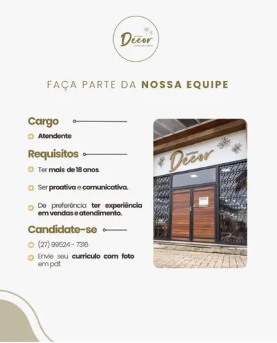 Vaga para Atendente - Loja de locação de artigos de decoração