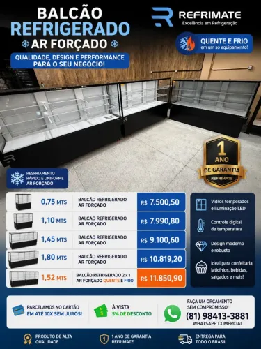 Balcão Vitrine Expositor Refrigerado Refrimate vanguard para frios e embutidos em até 10x 
