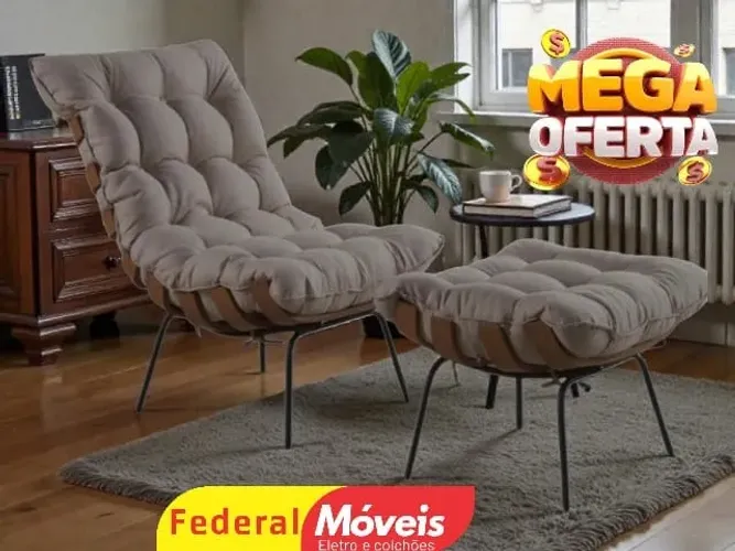 Poltrona Costela + Puff em Linho bege a cinza MEGA OFERTA 