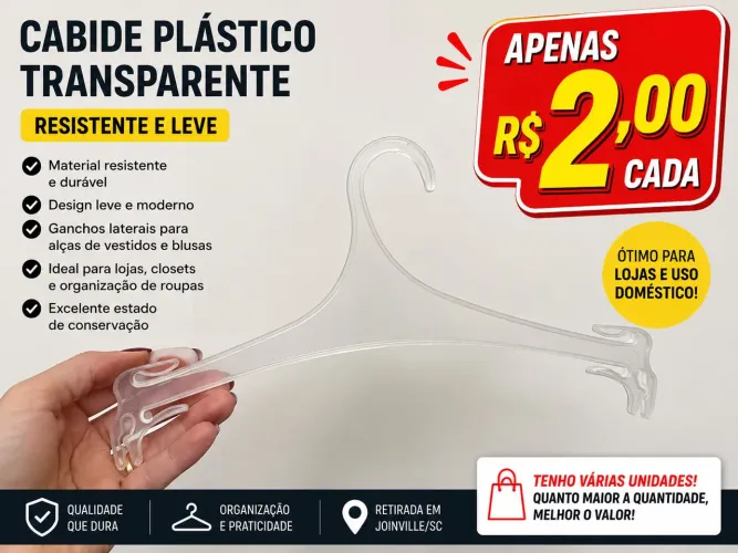 Cabide Plástico Transparente Reforçado - Apenas R$ 2,00 Cada