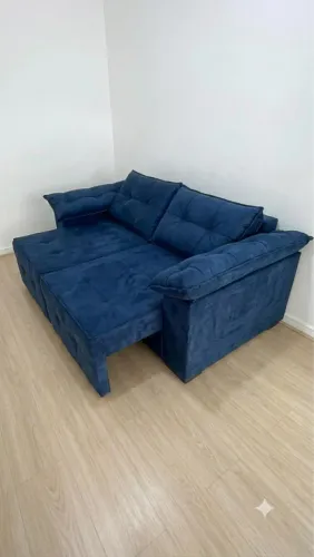 Sofá Bege, Cinza e Azul Retrátil 1,90m