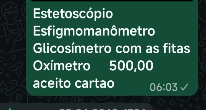 Kit enfermagem<br>Esfigmomanômetro <br>Glicosímetro com as fitas <br>Oxímetro