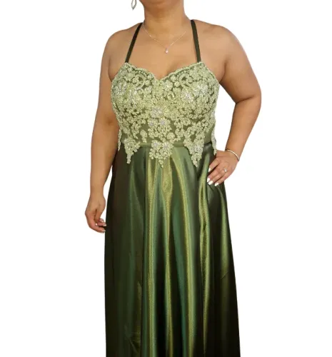 VESTIDO DE FESTA LONGO BUSTO BORDADO TAM. G/44 VERDE OLIVA