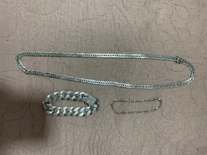 Cordão de prata 8 mm, pulseira 17 mm E pulseira 4 mm
