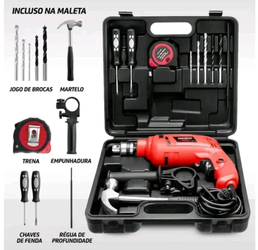 Furadeira com kit martelo, trena, chaves e brocas.<br>