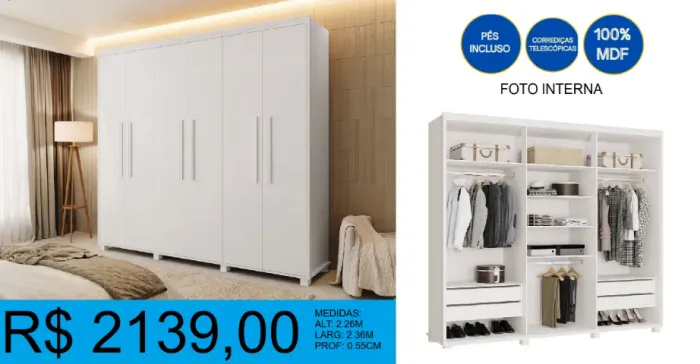 GUARDA ROUPA- CORREDIÇAS TELESCÓPICAS- 100% MDF= ENTREGA GRATIS