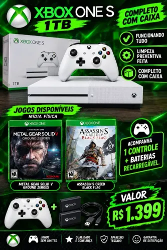 XBOX ONE S 1TB COMPLETO + DOIS JOGOS MÉDIA FÍSICA 
