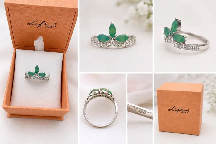 Anel Life Vivara Prata 925 com Pedras Verdes Aro 16
