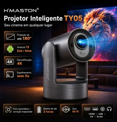 Projetor Smart Portátil 4K com Bateria Interna Até 3 Horas Sem Tomada, Sem Limites!