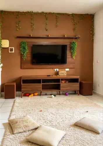 Raque com painel, prateleiras e puffs, na cor marrom. Em MDF, 180cm de largura.