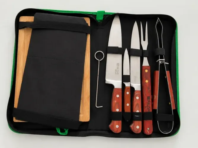 Kit Churrasco Palisad Completo Facas Tabua Avental Maleta Inox