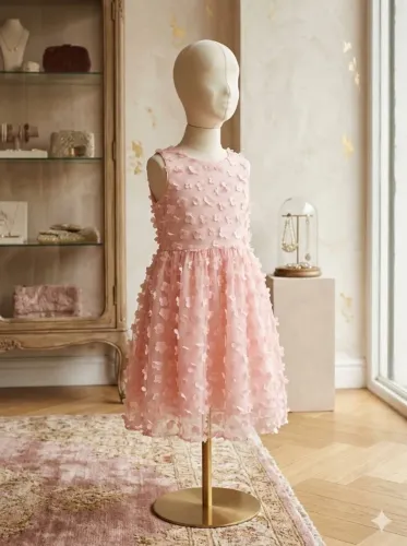 Vestido Infantil Festa Rosa Romântico Floral Luxo - Flores em Alto Relevo 3D - Tam. 8 a 12
