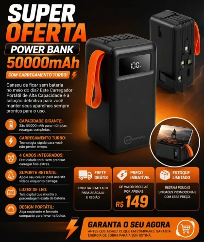 Promoção dia dos pais Power bank 50000mAh turbo 22.5w com cabos entegrados lanterna e led