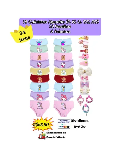 Kit 18 Calcinhas Algodão + 10 Laços/Presilhas + 6 Pulseiras
