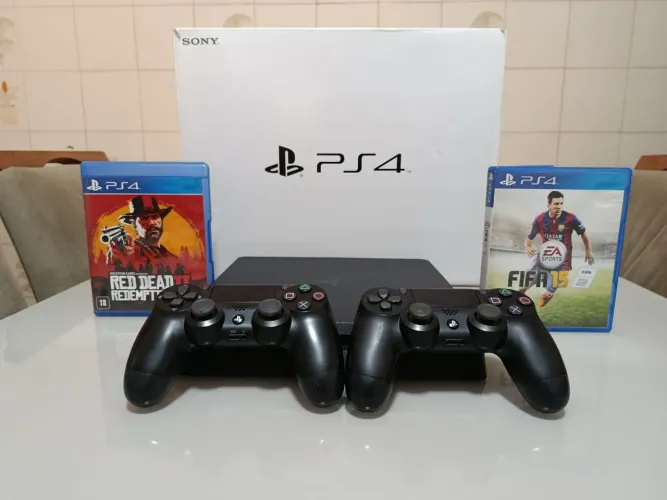 Ps4 slim 1tb semi-novo + 2 controle original + 2 jogos