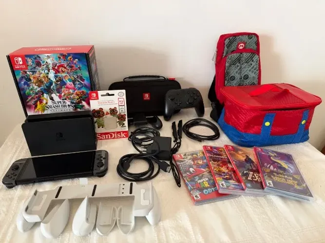Nintendo Switch OLED 64GB + Pro Controller + 4 Jogos + 512GB + NeoGrip