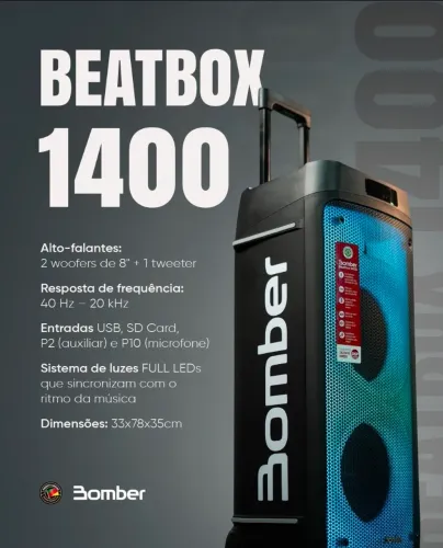 Caixa De Som Bomber Beatbox 1400 8" Som Full Led Tws Bateria ,