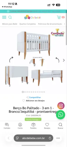 Berço Bo Palitado - 3 em 1 - Branco/Jequitibá