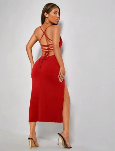 Vestido com Renda sem costas Coxa dividida tamanho P