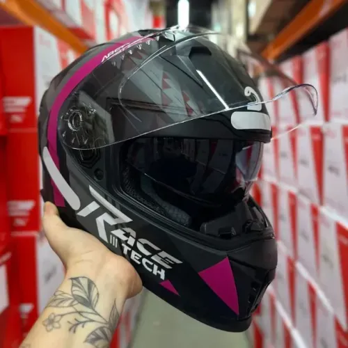 CAPACETE RACE TECH VOLT COM ÓCULOS SOLAR PRETO FOSCO ROSA Novo