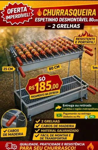 Churrasqueira Espetinho Com 2 Grelhas Desmontável Compacta Portatil Resistente