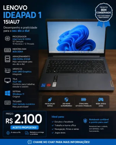 Notebook Lenovo IdeaPad 1 i5 12ª Geração | 8GB RAM | SSD 512GB