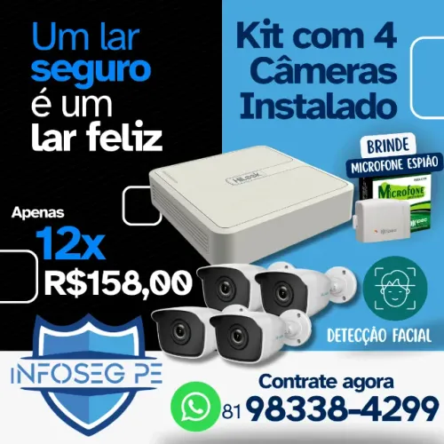 KIT 4 CÂMERAS DE SEGURANÇA HILOOK COM MICROFONE E DETECÇÃO FACIAL 12X SEM JUROS
