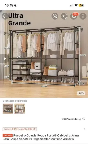 Guarda-Roupa Portátil Aberto - Arara Organizadora de Roupas com 4 Colunas 