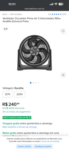 Ventilador Circulador Prime Air 3 Velocidades 160w Aca40a Estrutura Preto