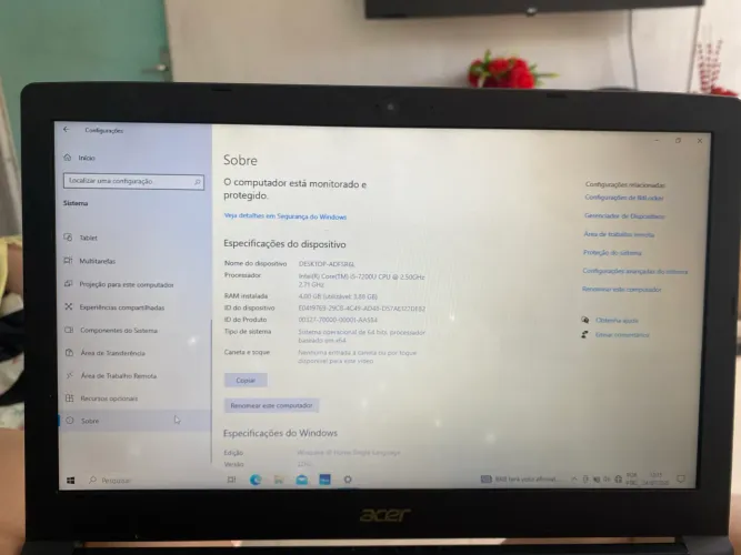Notebook Acer Aspire i5 7ª Geração | 4GB RAM |