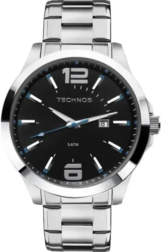 Relógio Technos Masculino Aço Inoxidável Prata com Calendário e Fundo Preto