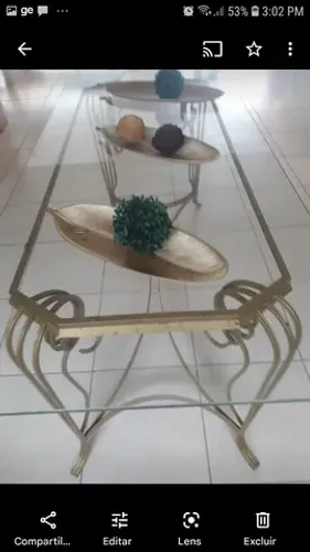 Linda mesa de ferro dourada com tampo de vidro de 10 mm, lapidado