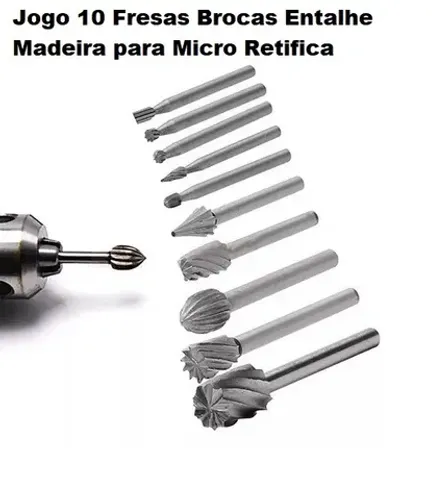 Jogo com 10 Fresas Brocas Entalhe Madeira para Micro Retifica