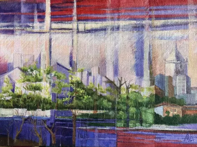 Quadro "Árvores e a Cidade" Óleo em Tela (80 x 60) cm - Prof. Artista Plástico Célio Rosa