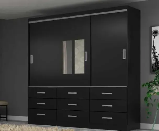 Guarda-Roupa de correr preto com 9 gavetas com espelho 