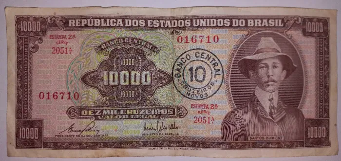 Cédula do Brasil 10.000 Cruzeiros com carimbo 10 Cruzeiros Novos