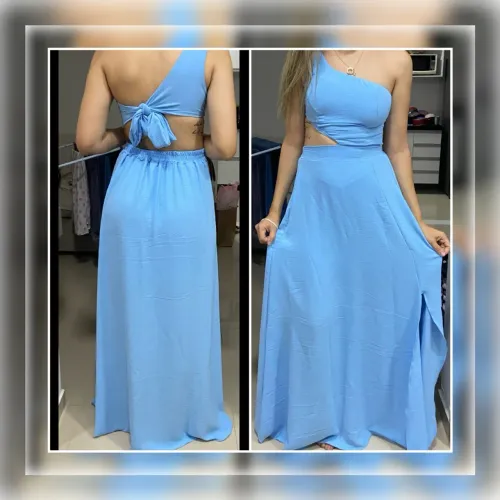 Vestido Longo Azul Claro com Detalhe Ombro Único